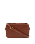 Brown leather crossbody bag on a white background