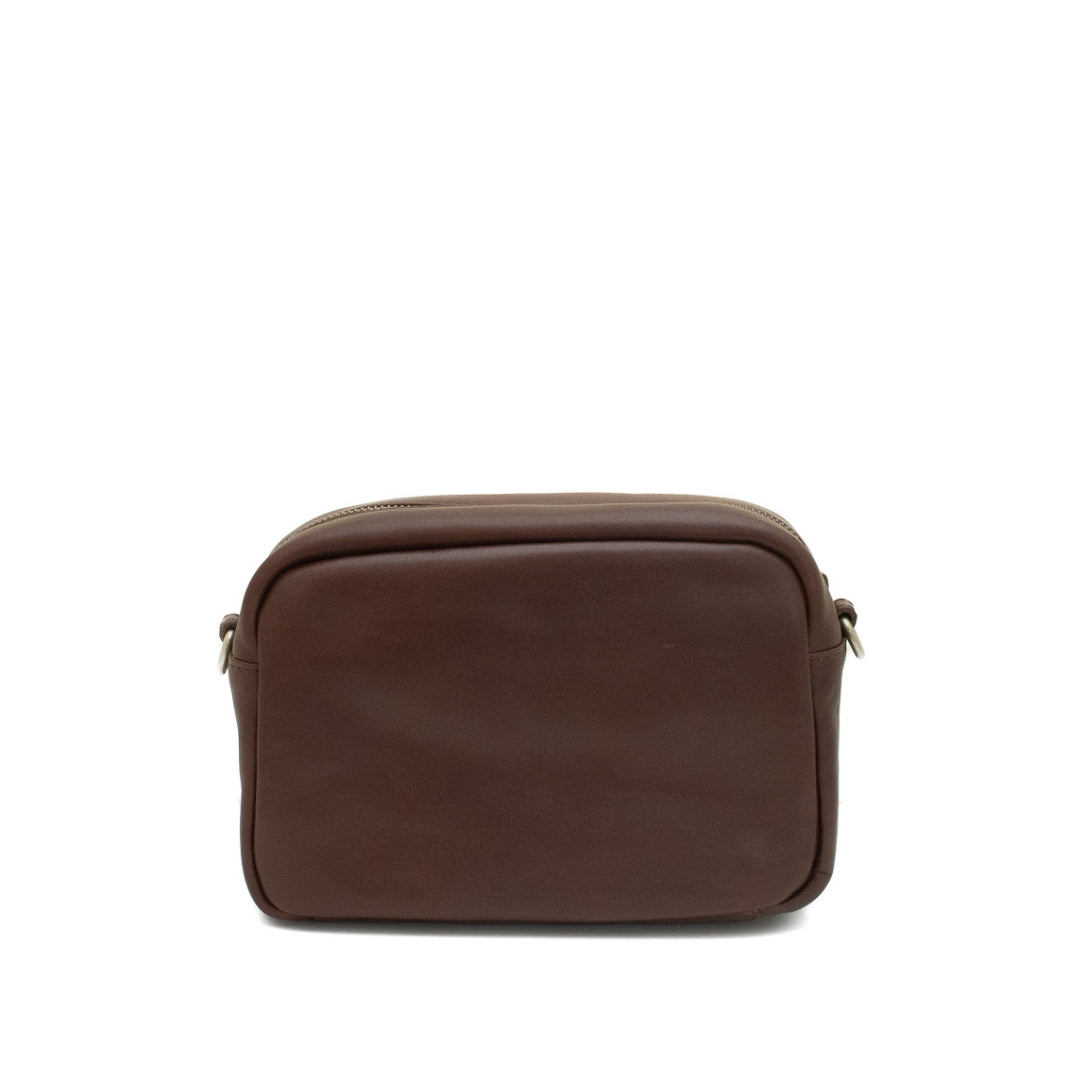 Brown leather bag on a white background