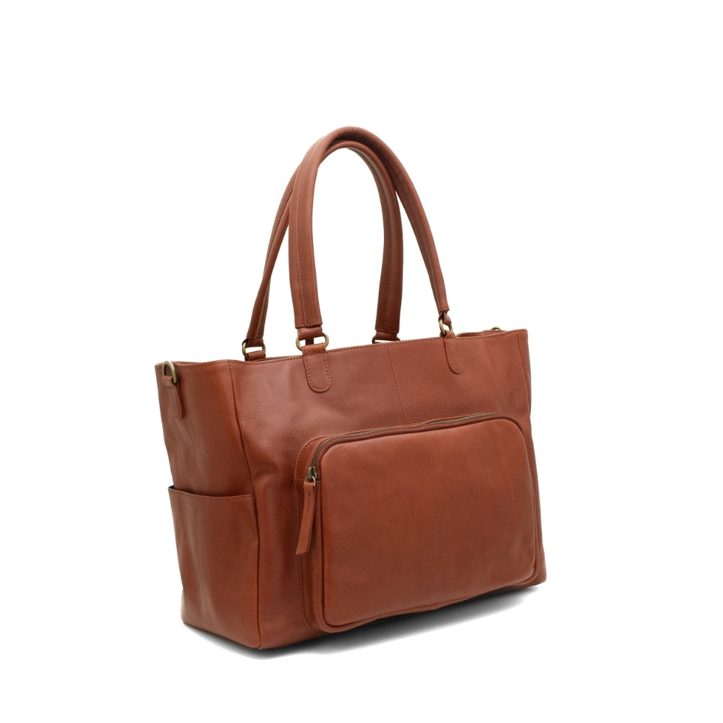 Brown leather handbag with a pocket on a white background
