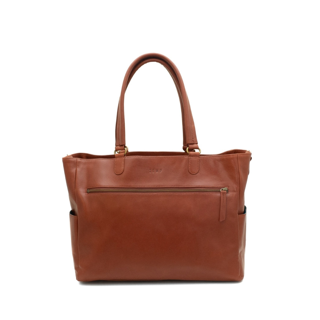 Brown leather tote bag on a white background