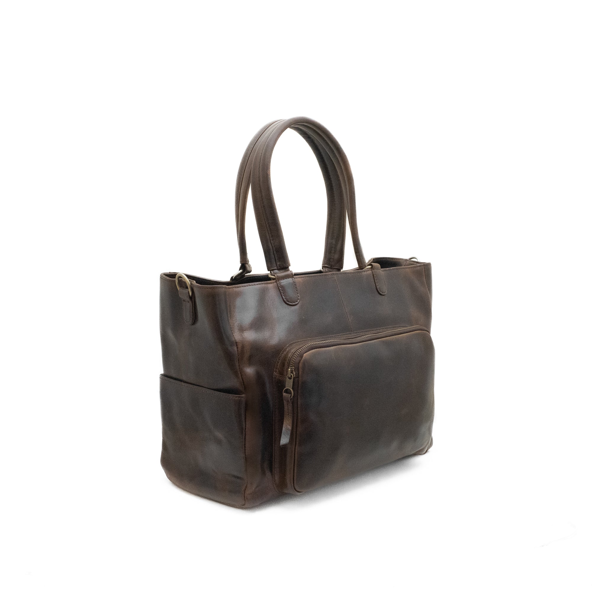 Brown leather tote bag on a white background