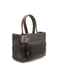 Brown leather tote bag on a white background