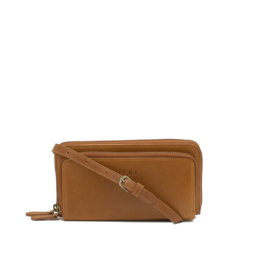 Brown leather crossbody bag on a white background
