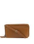 Brown leather crossbody bag on a white background