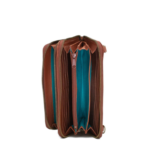Brown leather wallet with teal interior on a white background