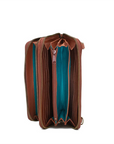 Brown leather wallet with teal interior on a white background