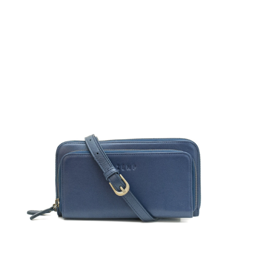Blue wallet with a strap on a white background
