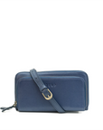 Blue wallet with a strap on a white background