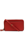 Red crossbody bag with a strap on a white background