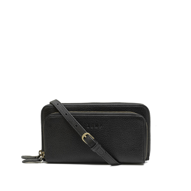 Black leather crossbody bag on a white background