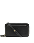 Black leather crossbody bag on a white background