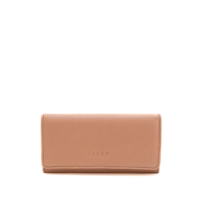 Tan wallet with 'Zemp' branding on a white background
