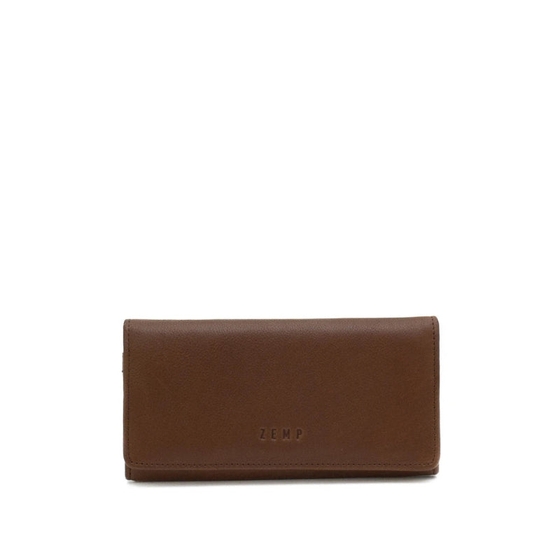Brown wallet with 'Zemp' branding on a white background