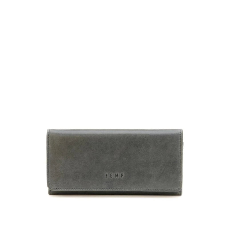 Gray wallet with &#39;ZEMP&#39; branding on a white background