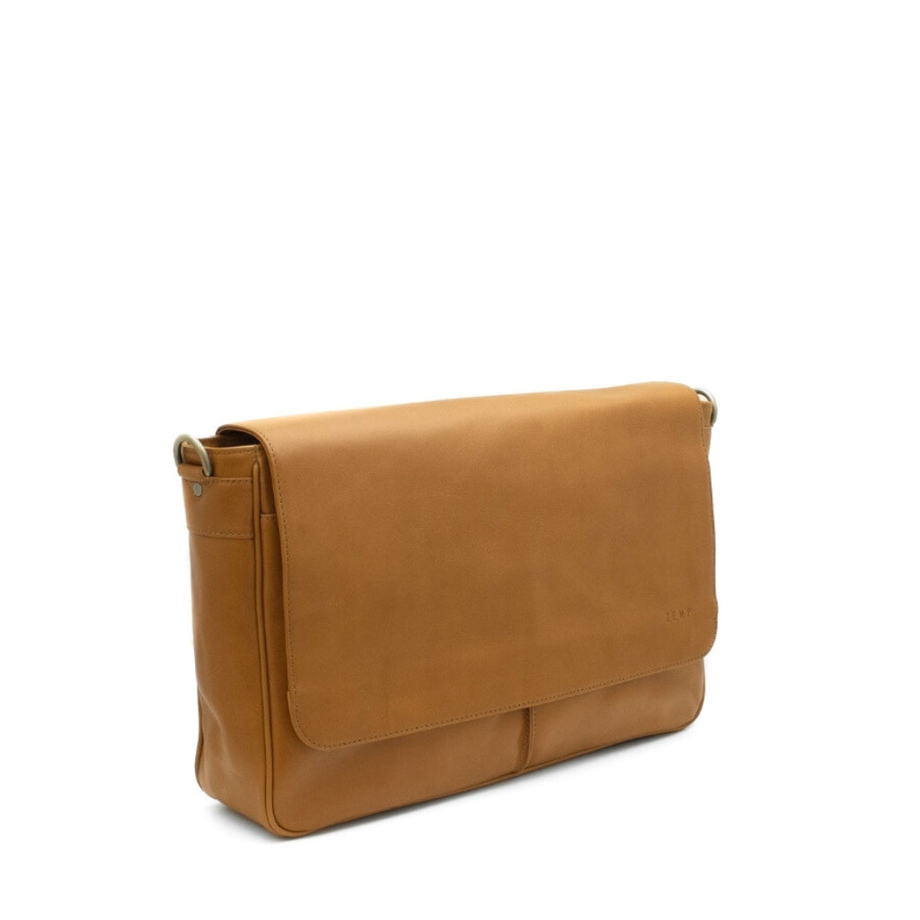 Brown leather messenger bag on a white background