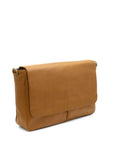 Brown leather messenger bag on a white background
