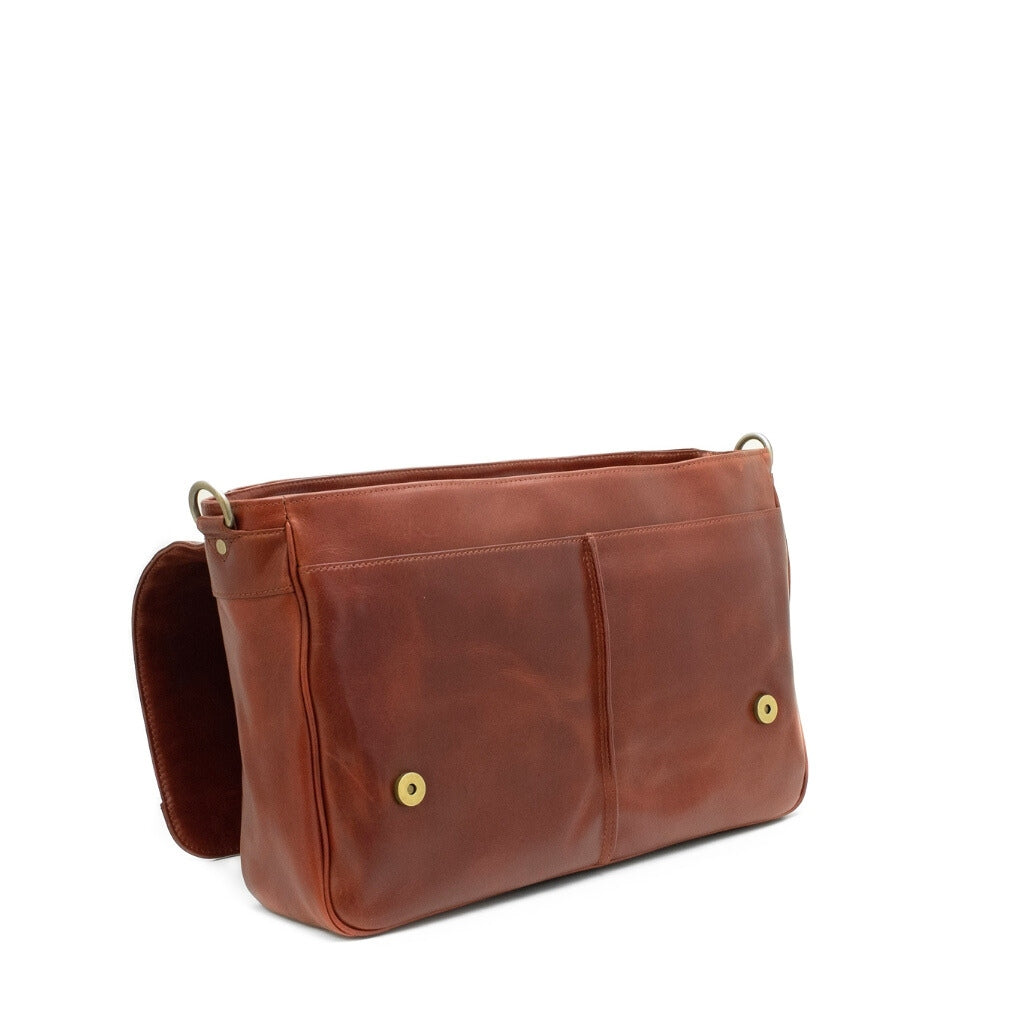 Brown leather clutch bag on a white background
