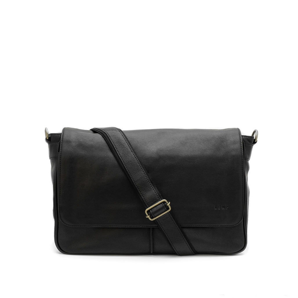 Black leather shoulder bag on a white background