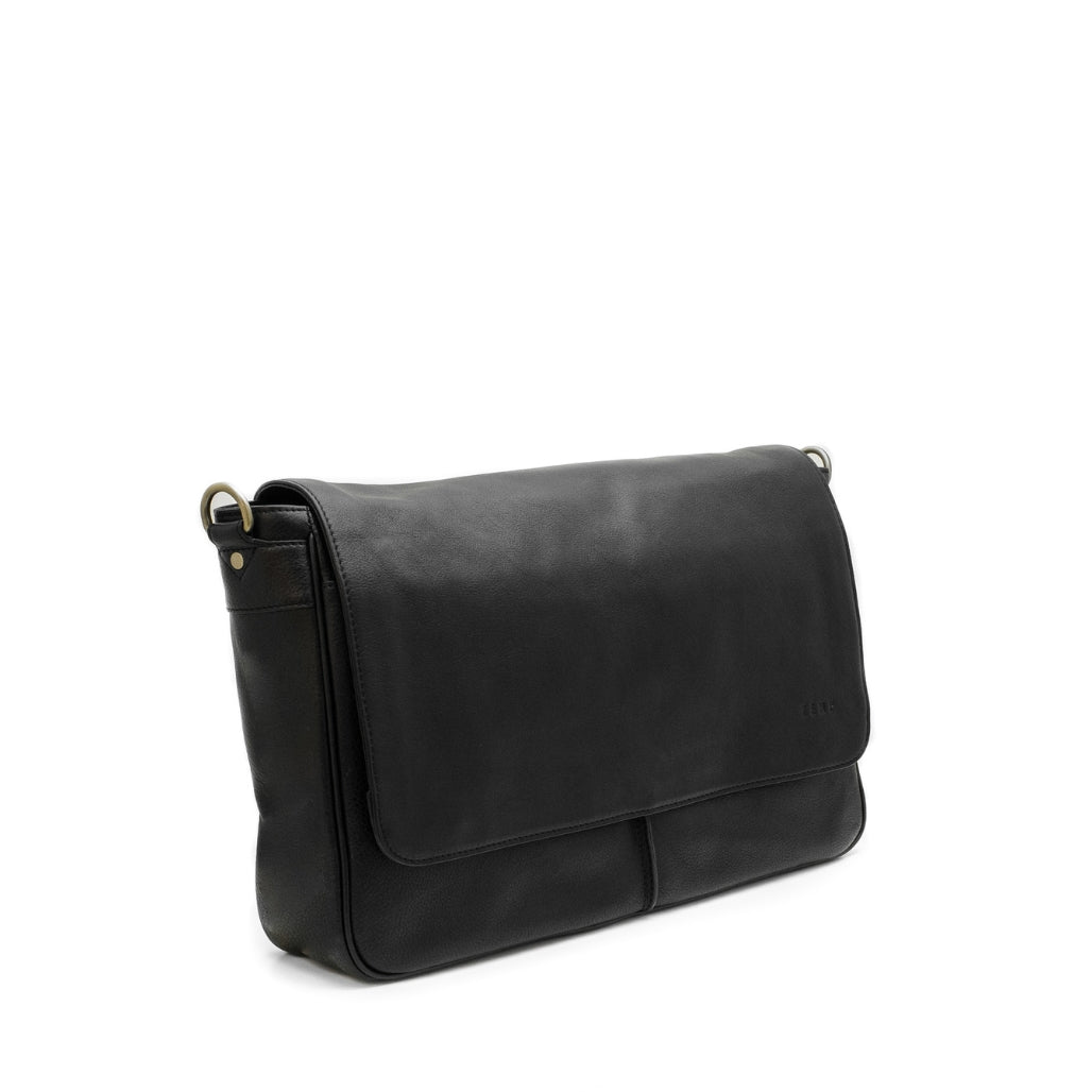Black leather messenger bag on a white background