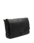 Black leather messenger bag on a white background