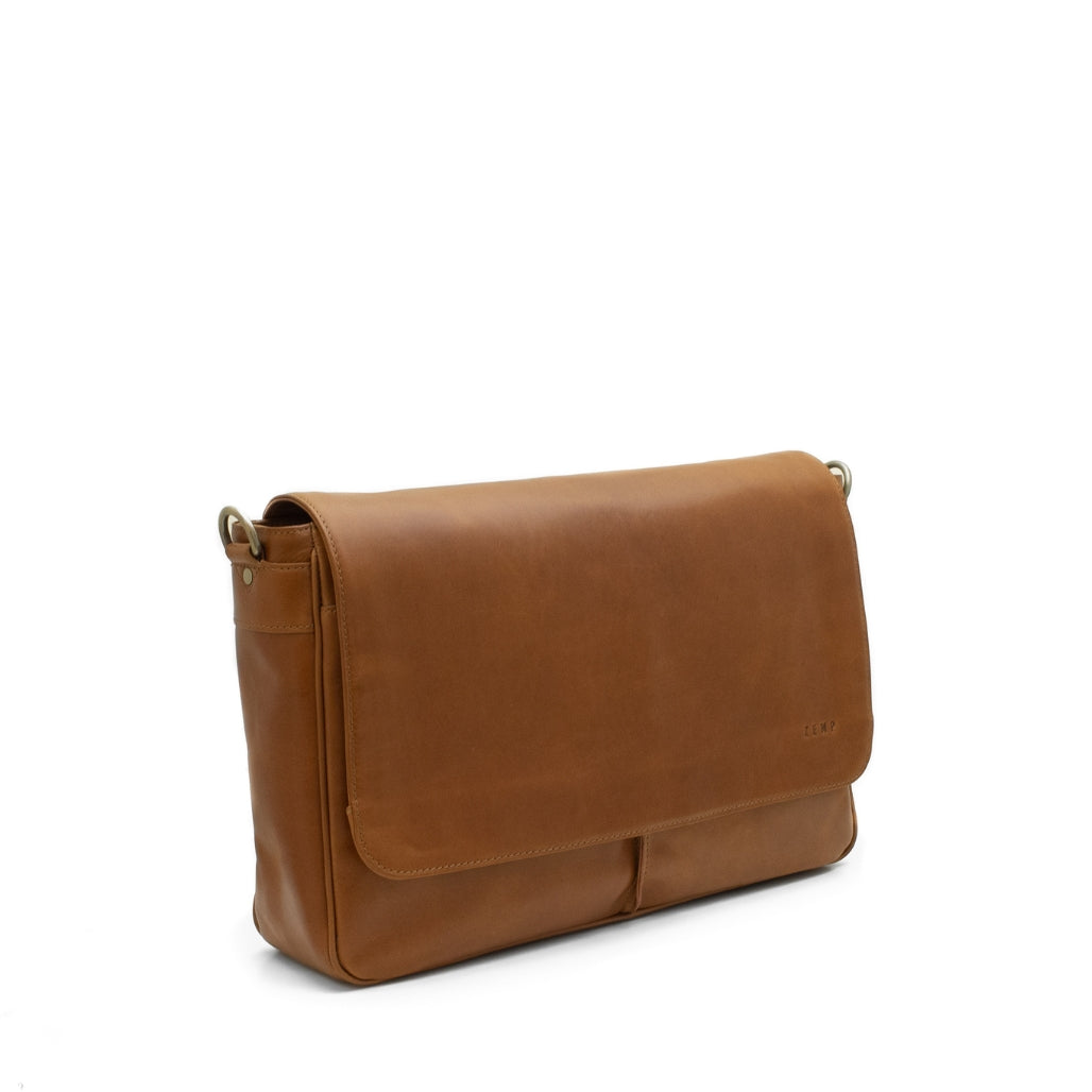 Brown leather messenger bag on a white background