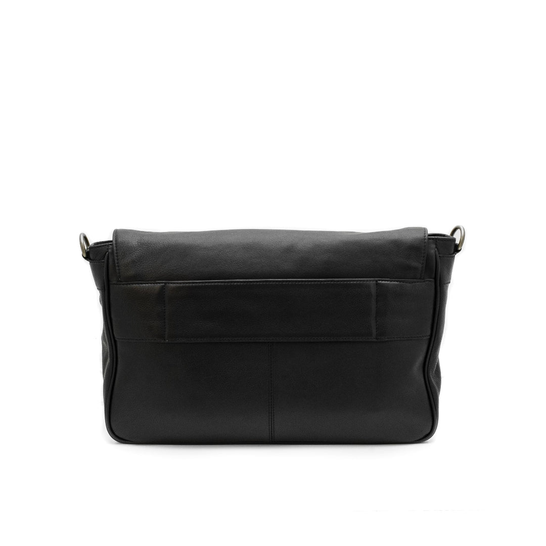 Black leather bag on a white background