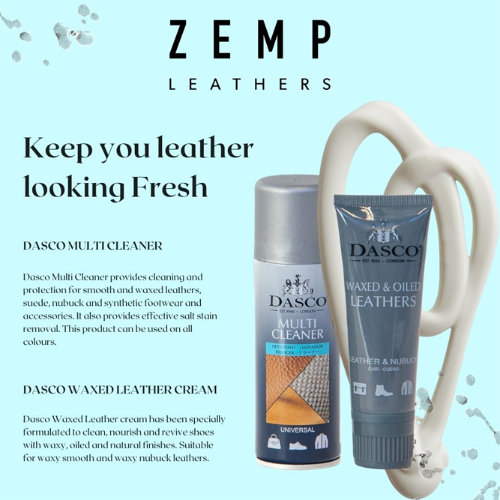 Zemp Leathers advertisement with Dasco leather care products on a light blue background.