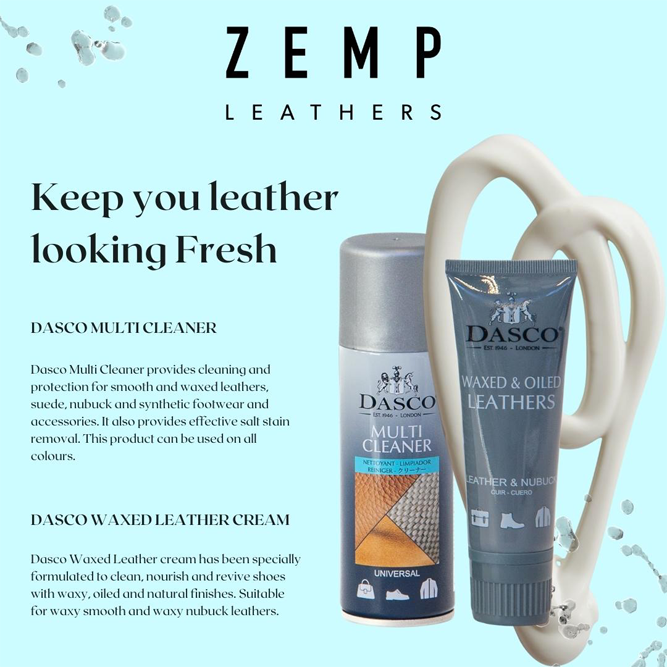 Zemp Leathers advertisement with Dasco leather care products on a light blue background.