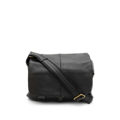 Black leather messenger bag on a white background
