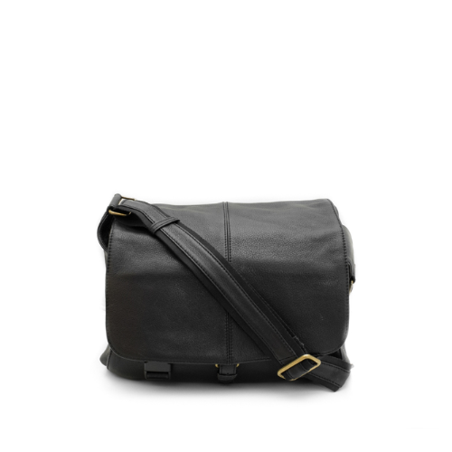 Black leather messenger bag on a white background