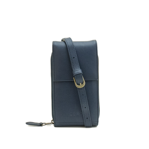 Navy blue leather crossbody bag on a white background
