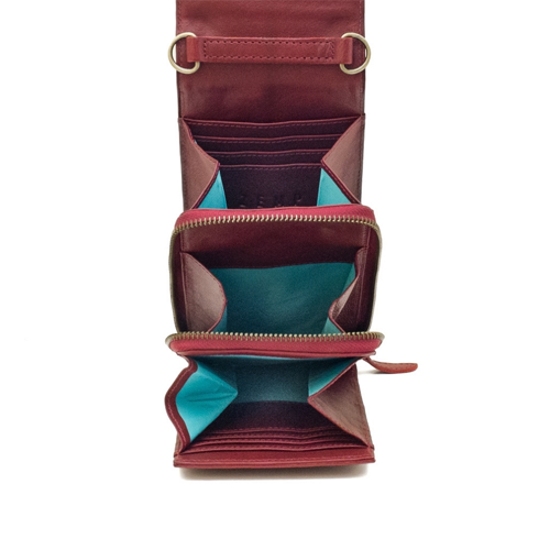 Open maroon leather wallet with teal interior on a white background