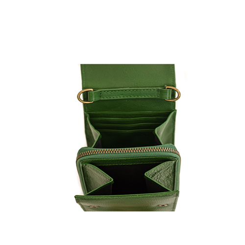 Green leather wallet with gold zipper on a white background