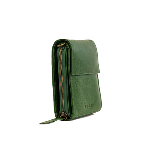 Green leather wallet with a zipper on a white background