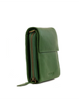 Green leather wallet with a zipper on a white background