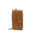 Tan leather crossbody bag with a strap on a white background