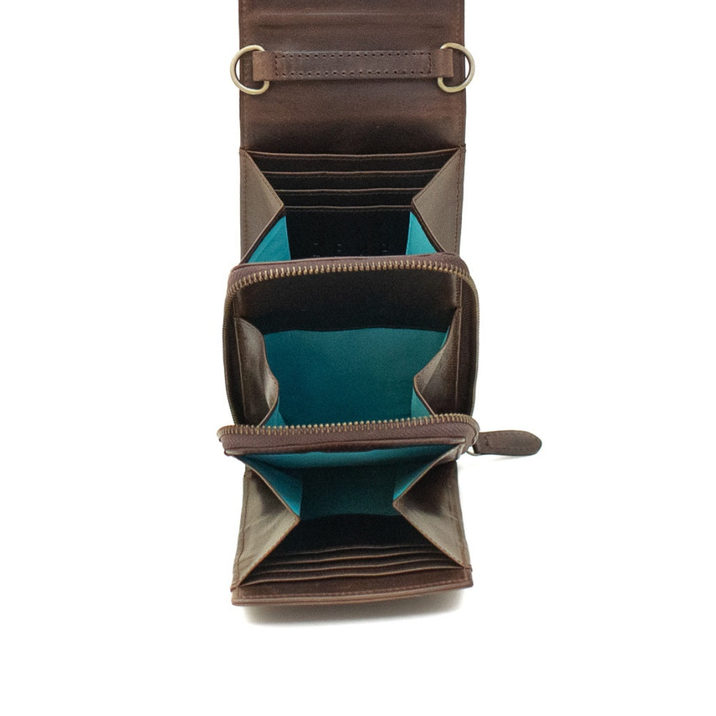 Brown leather wallet with teal interior on a white background