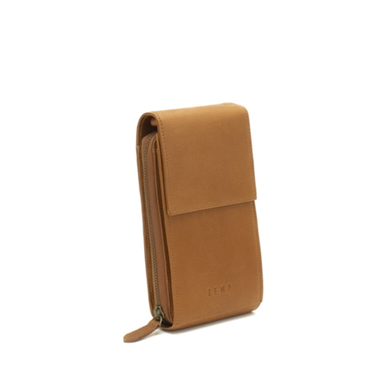 Brown leather phone case with a zipper on a white background