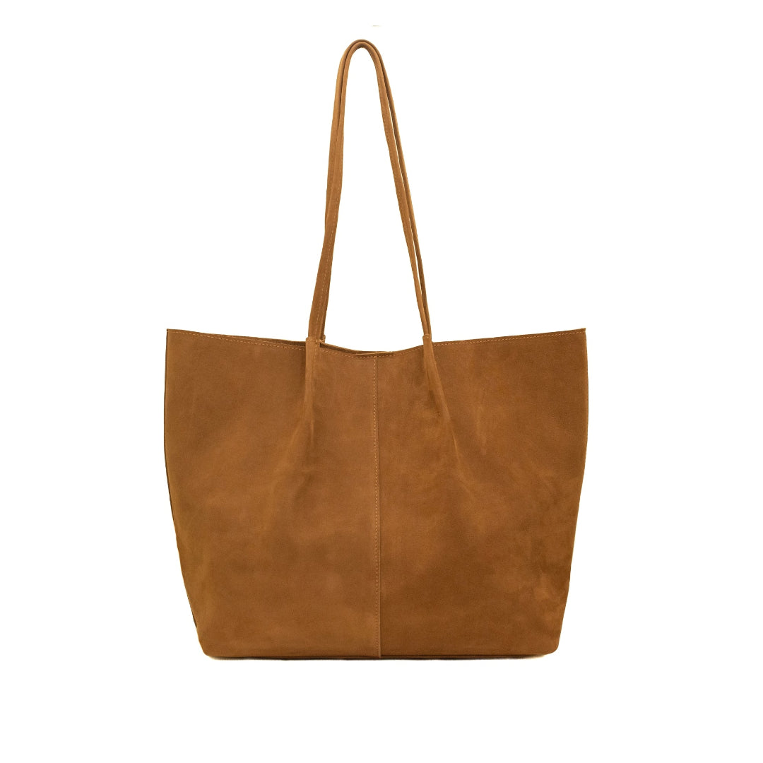 nubuck_tan leather tote bag on a white background