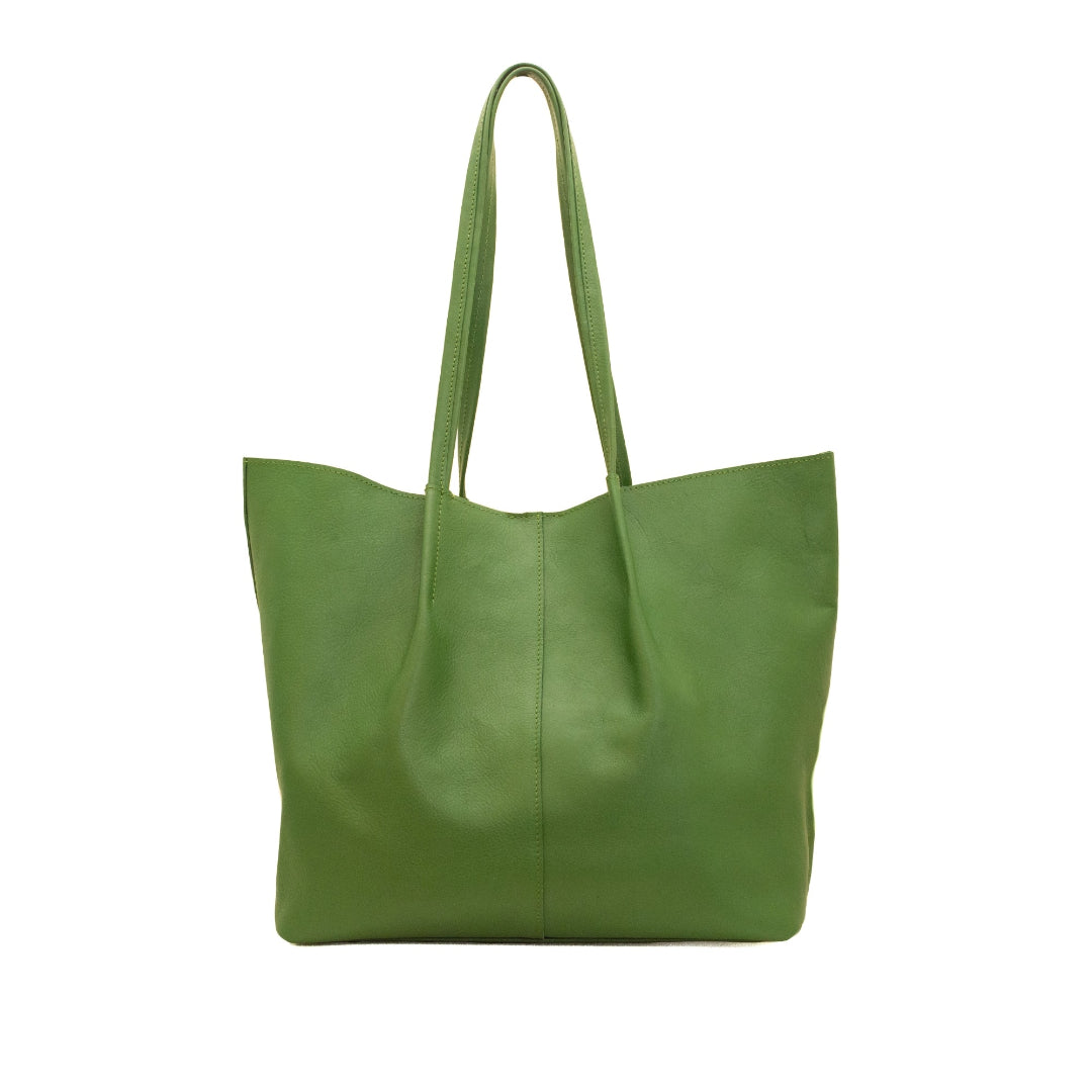 Green leather tote bag on a white background