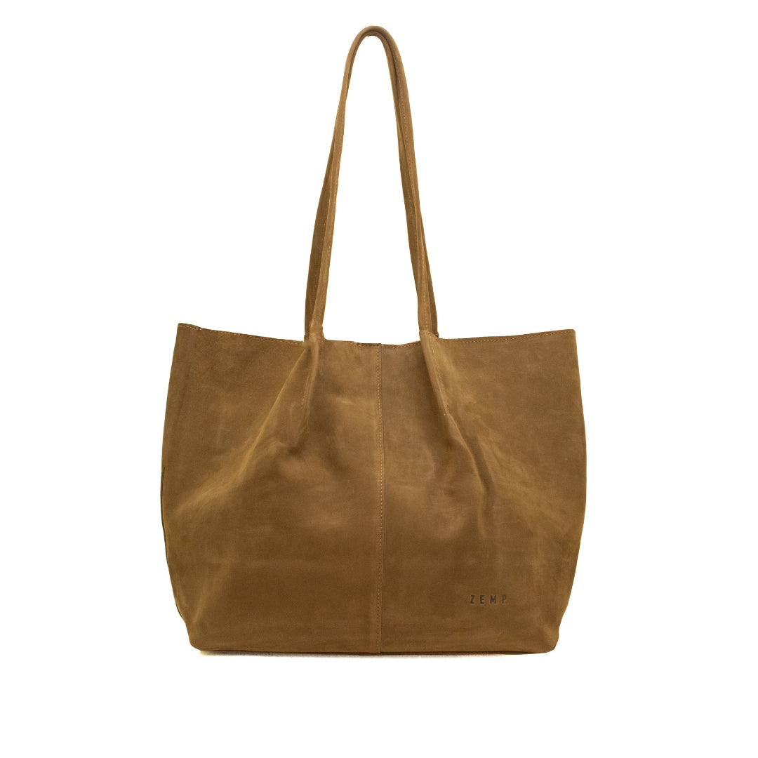 Nubuck Brown leather tote bag on a white background