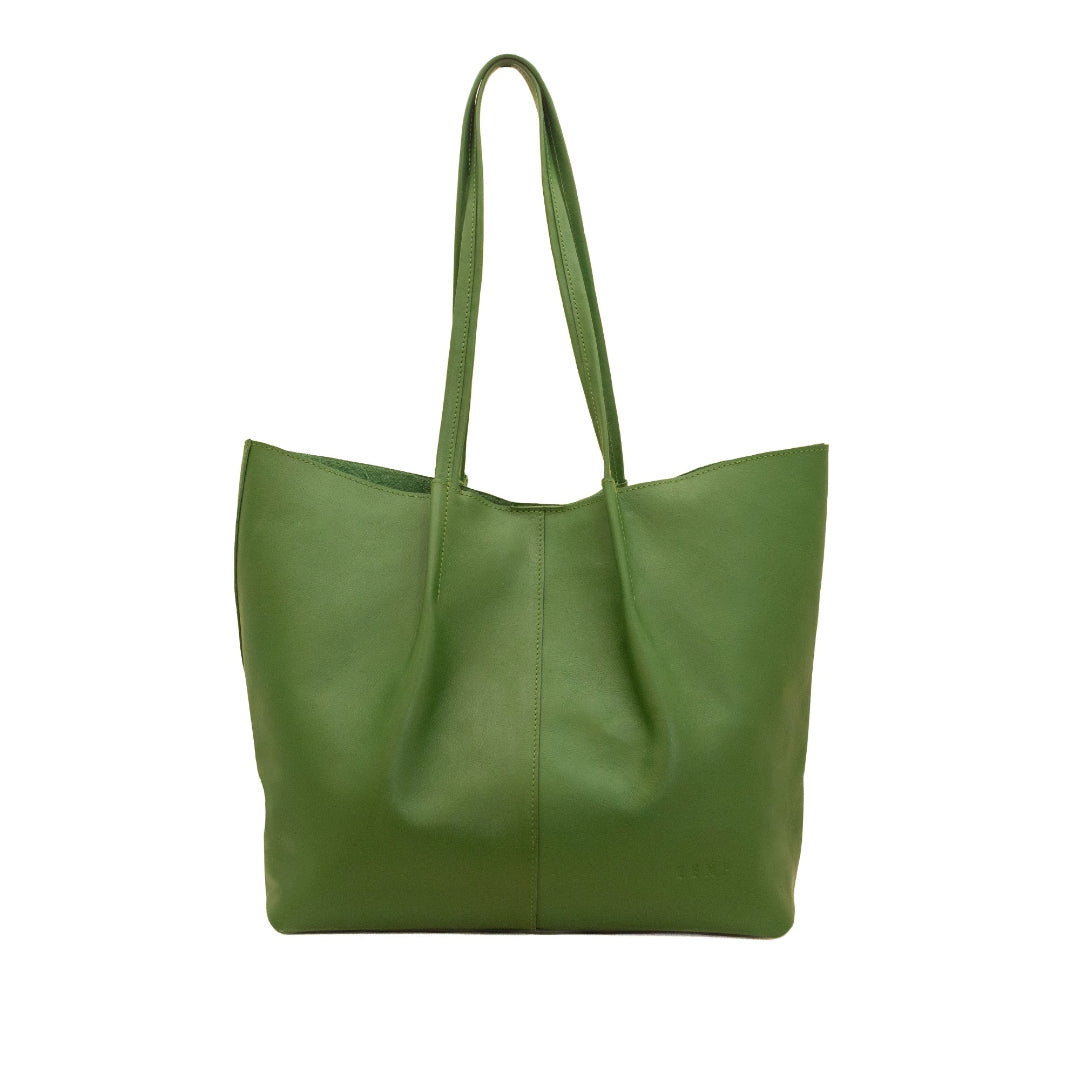 Green leather tote bag on a white background
