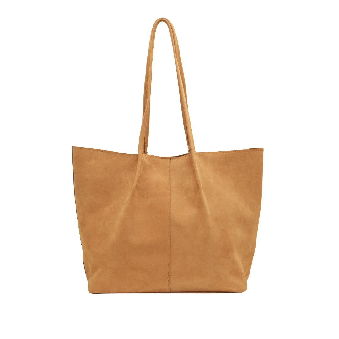 Camel leather tote bag on a white background