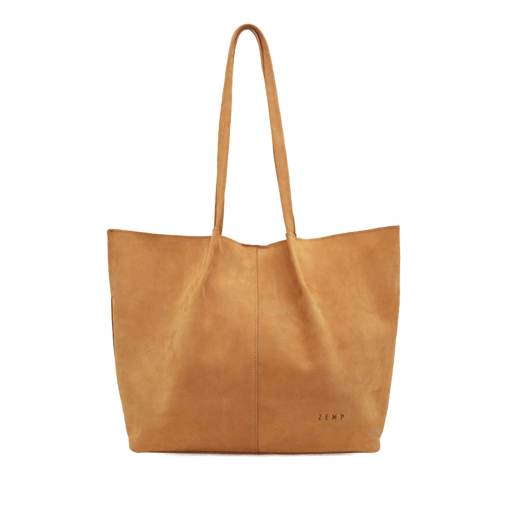 Camel leather tote bag on a white background