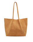 Camel leather tote bag on a white background