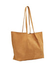 Camel leather tote bag on a white background