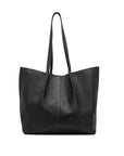 Black leather tote bag on a white background