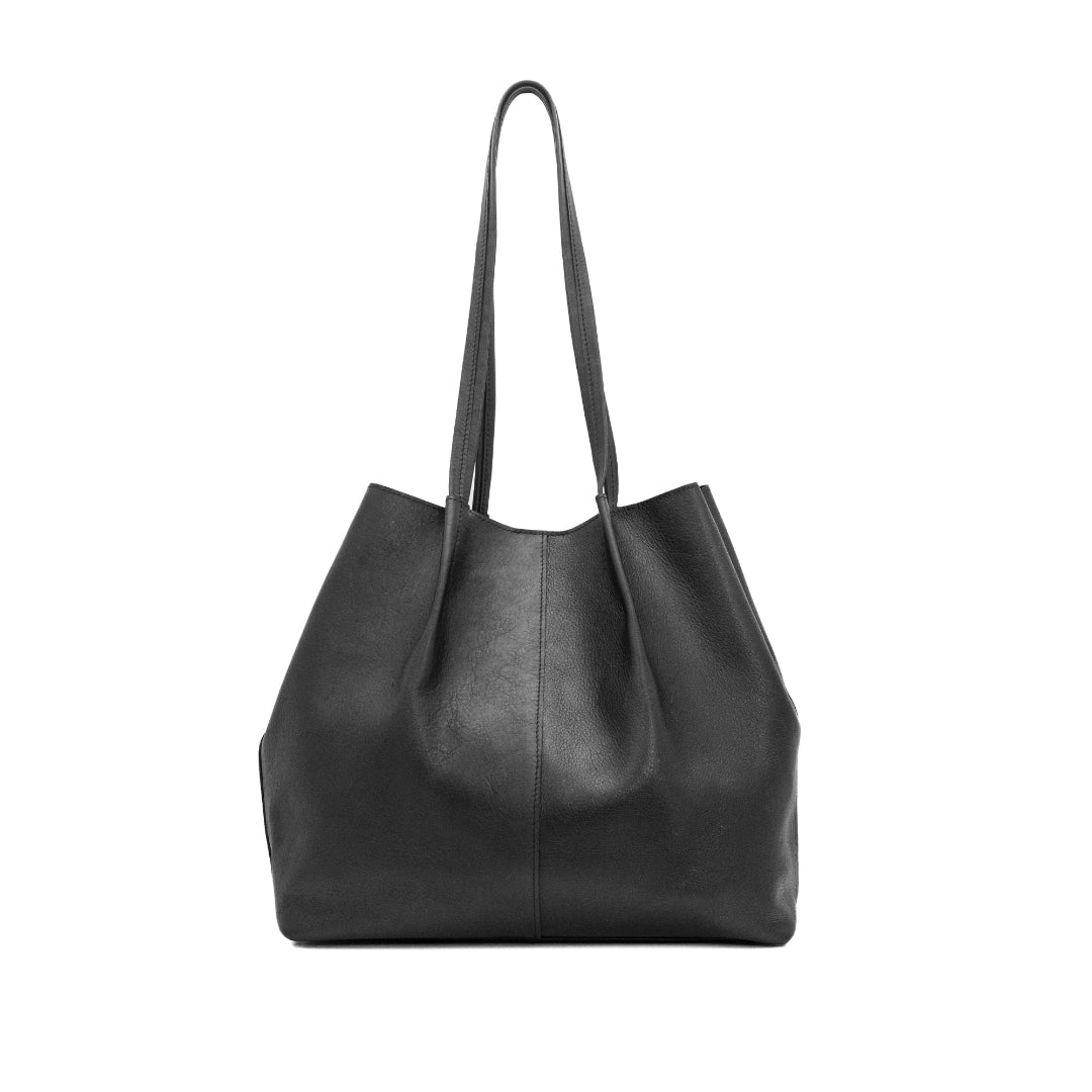 Black leather tote bag on a white background
