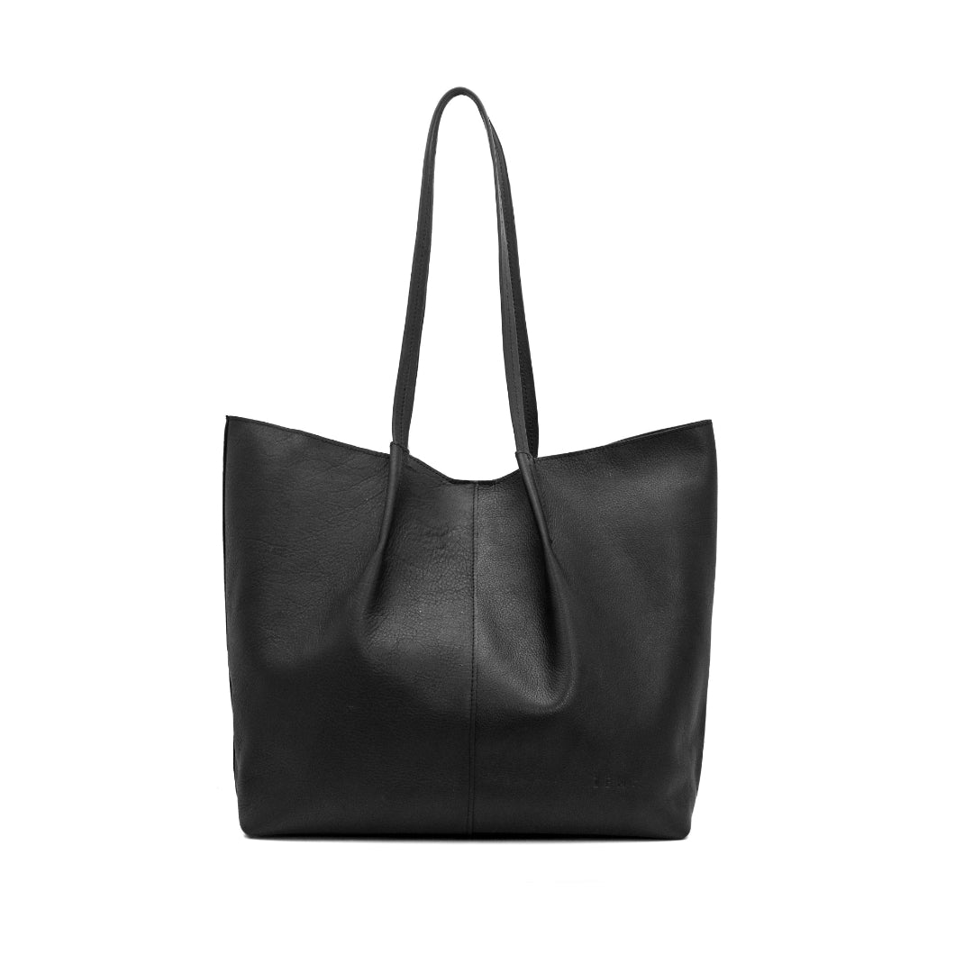 Black leather tote bag on a white background