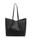 Black leather tote bag on a white background